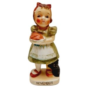 🍒 Vintage Japan Pioneer NOVEMBER Girl w/ Pie & Cat Pottery Figurine Signed